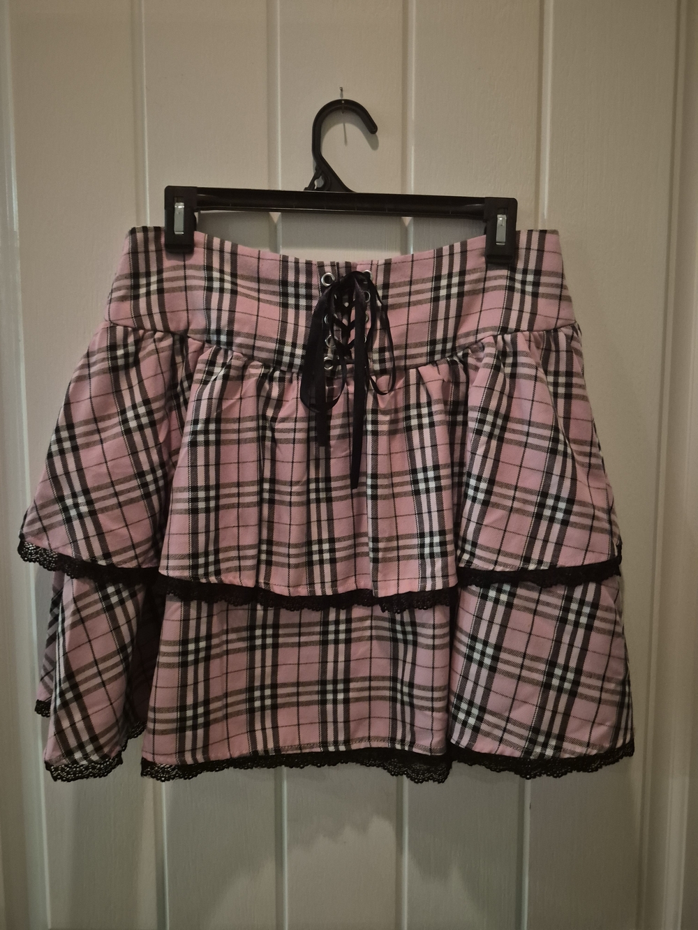 Hot Topic Pink Plaid Tiered Lace-Up Mini Skirt